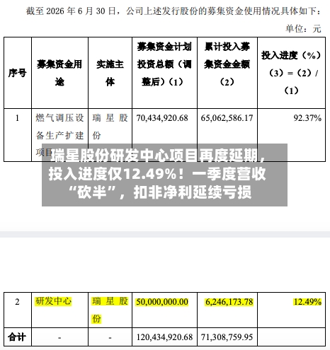 瑞星股份研发中心项目再度延期	，投入进度仅12.49%！一季度营收“砍半	”，扣非净利延续亏损-第3张图片
