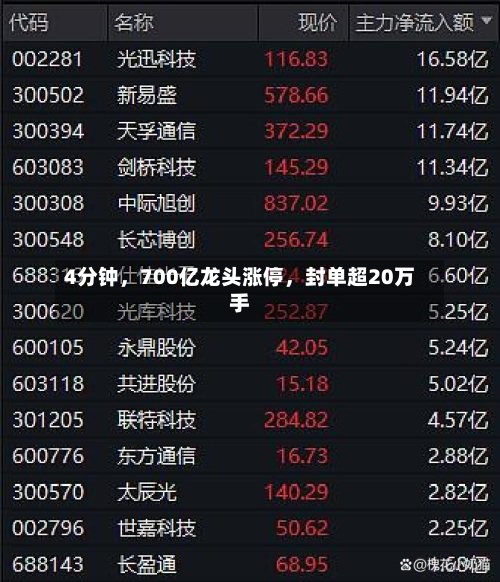 4分钟，700亿龙头涨停，封单超20万手