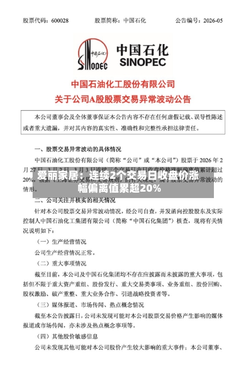 爱丽家居：连续2个交易日收盘价涨幅偏离值累超20%
