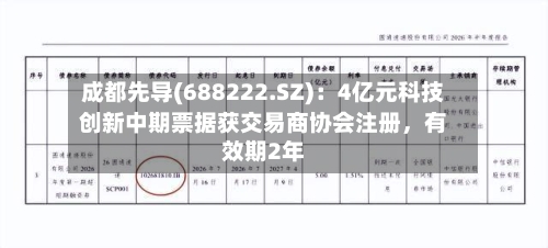成都先导(688222.SZ)：4亿元科技创新中期票据获交易商协会注册，有效期2年