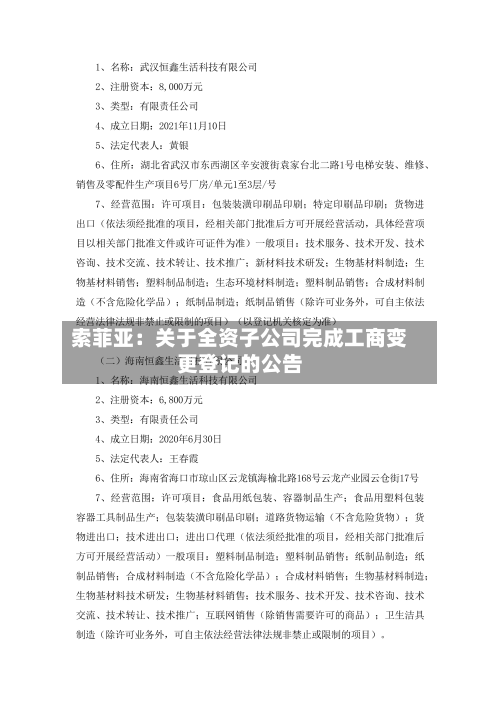 索菲亚：关于全资子公司完成工商变更登记的公告