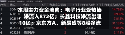 本周主力资金流向：电子行业受热捧，净流入872亿；长鑫科技净流出超10亿；京东方A、新易盛等8股净流入超20亿；沈鼓集团净流入7.54亿