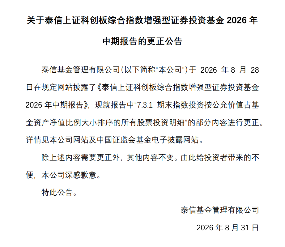 基金中报季“更正潮”再添一例：泰信上证科创板综合指数增强“股票投资明细	”有误