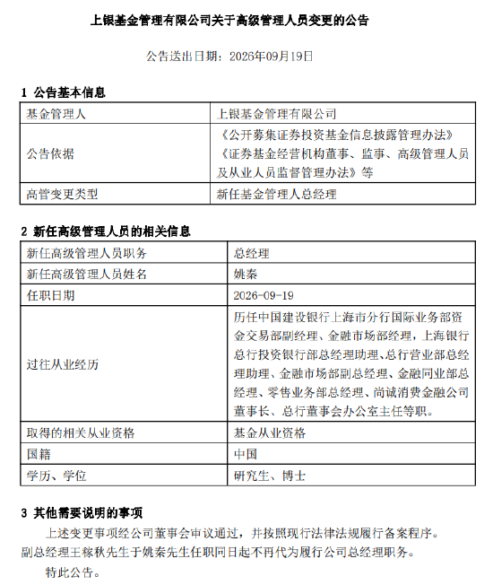 上银基金总经理落定：上海银行老将姚秦接棒 能否破解固收“独大”格局？