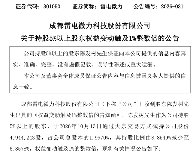 “牛散”陈发树，减持301050